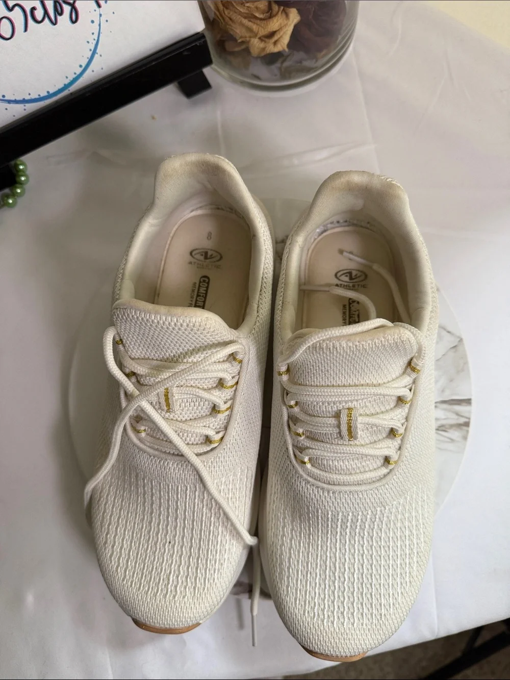 Athletics Off-White Knit Tie Up Slip-On Sneakers with Gold Accents
